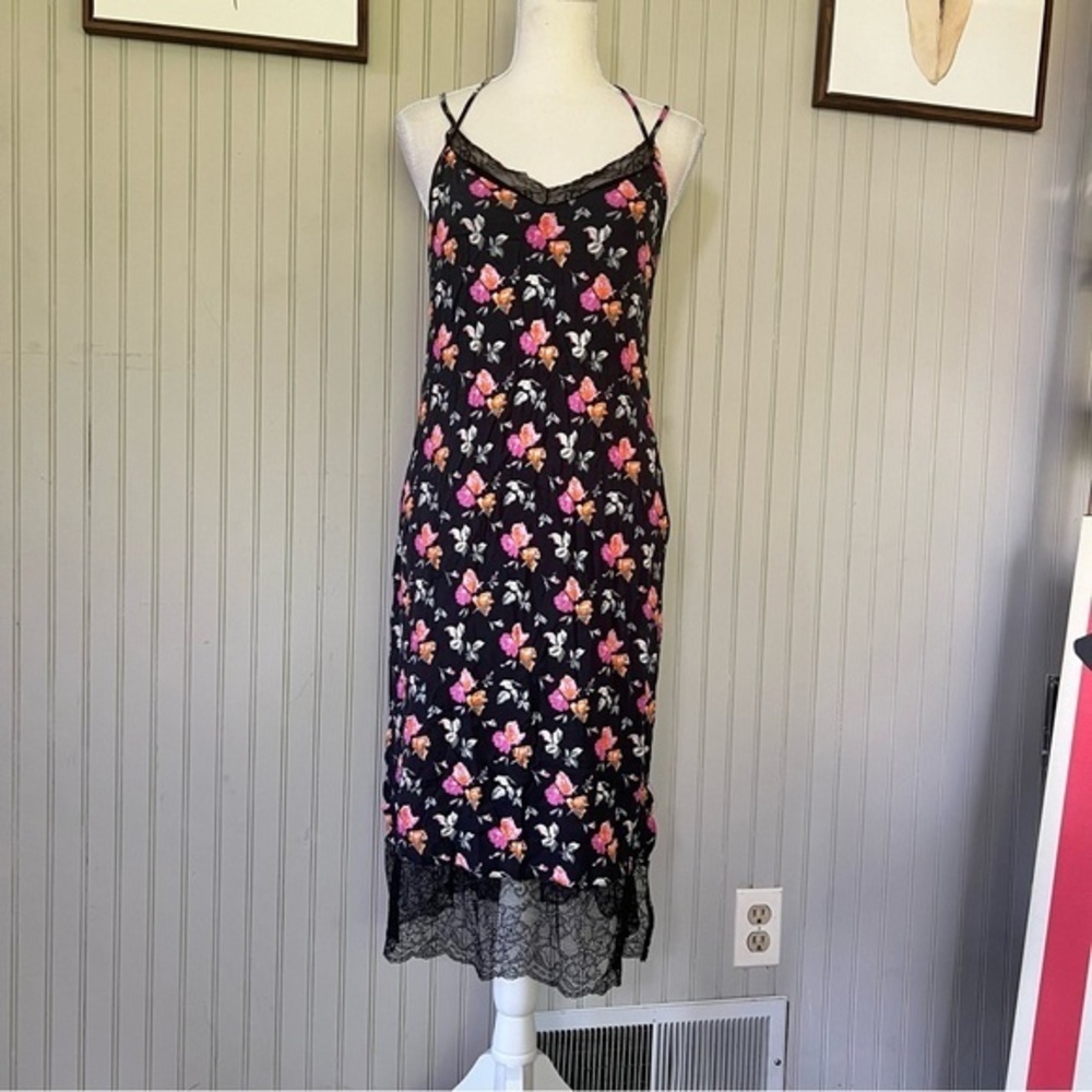 Zara Sleeveless Black Floral and Lace Slip Dress Midi Size Medium